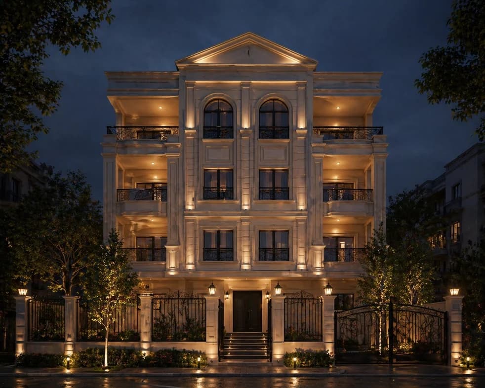 Architect's render — street elevation at dusk, another building in the same development